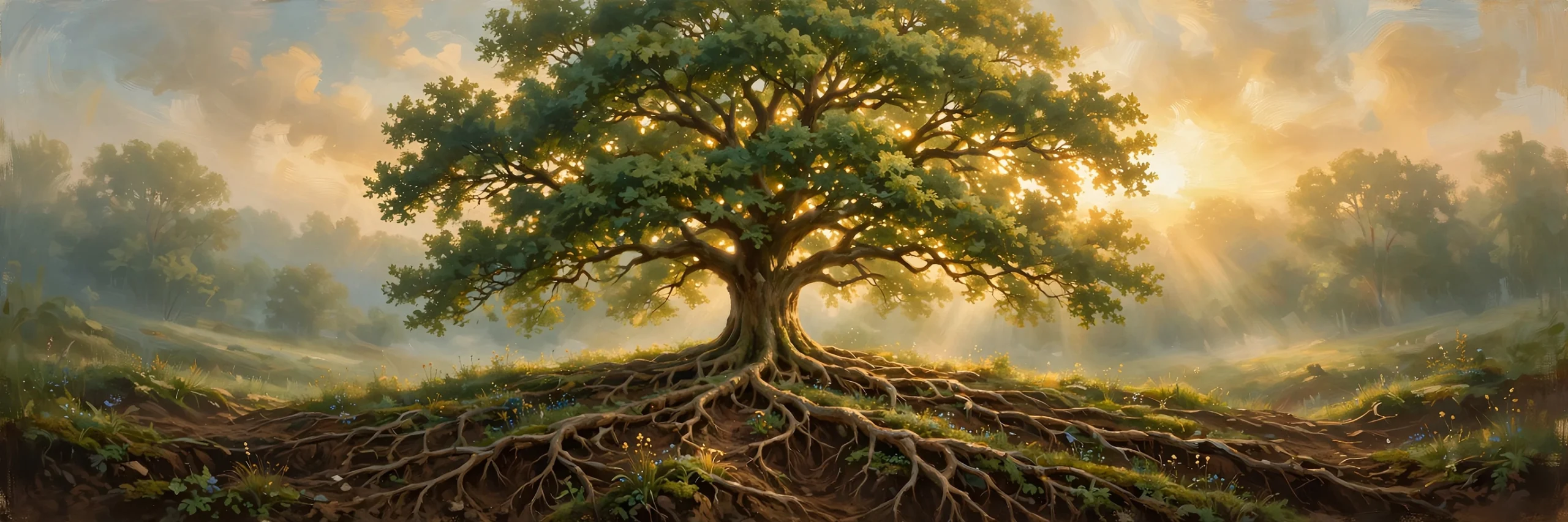 A flourishing tree with deep roots at sunrise — rooted and built up in Christ (Colossians 2:7)